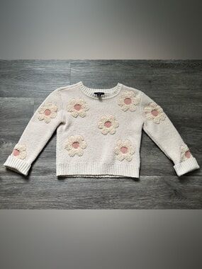 Cream Floral-Appliqué Sweater Top - Kids